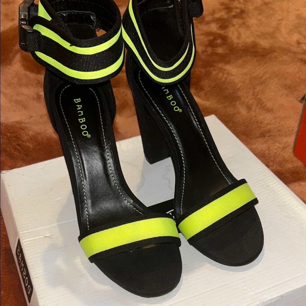 BAMBOO Black and Neon Yellow Heels